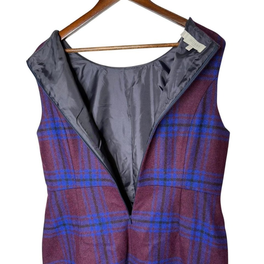 Hobbs London Plaid Wool Sheath Dress Burgundy Blue Knee Length Sleeveless sz 12 - Picture 4 of 9